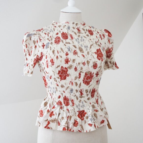 Reformation Aggie Magnolia Puff Sleeve Smocked Peplum Top Size Small NWT - Picture 8 of 16